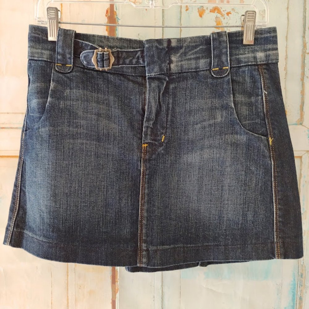 7 For All Mankind stretch pocket jean denim pleat buckle mini skirt/27/blue
